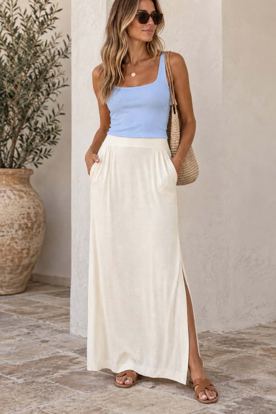 Peruvian Connection Cream Knit Maxi Skirt High Slit Pima Cotton Boho M